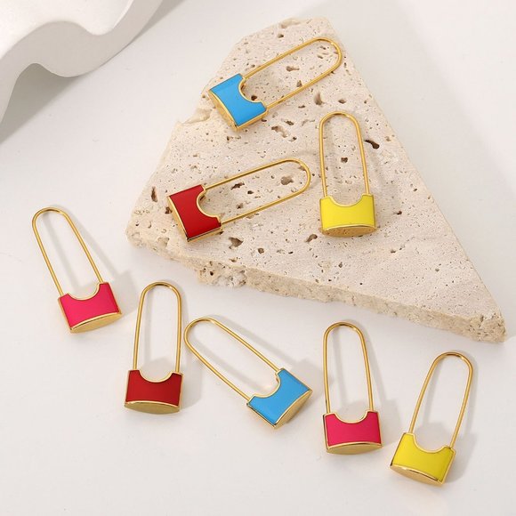 Pink Safety Pin Lock Dangle Earrings‎ 18k Gold Stainless Steel - Picture 5 of 7